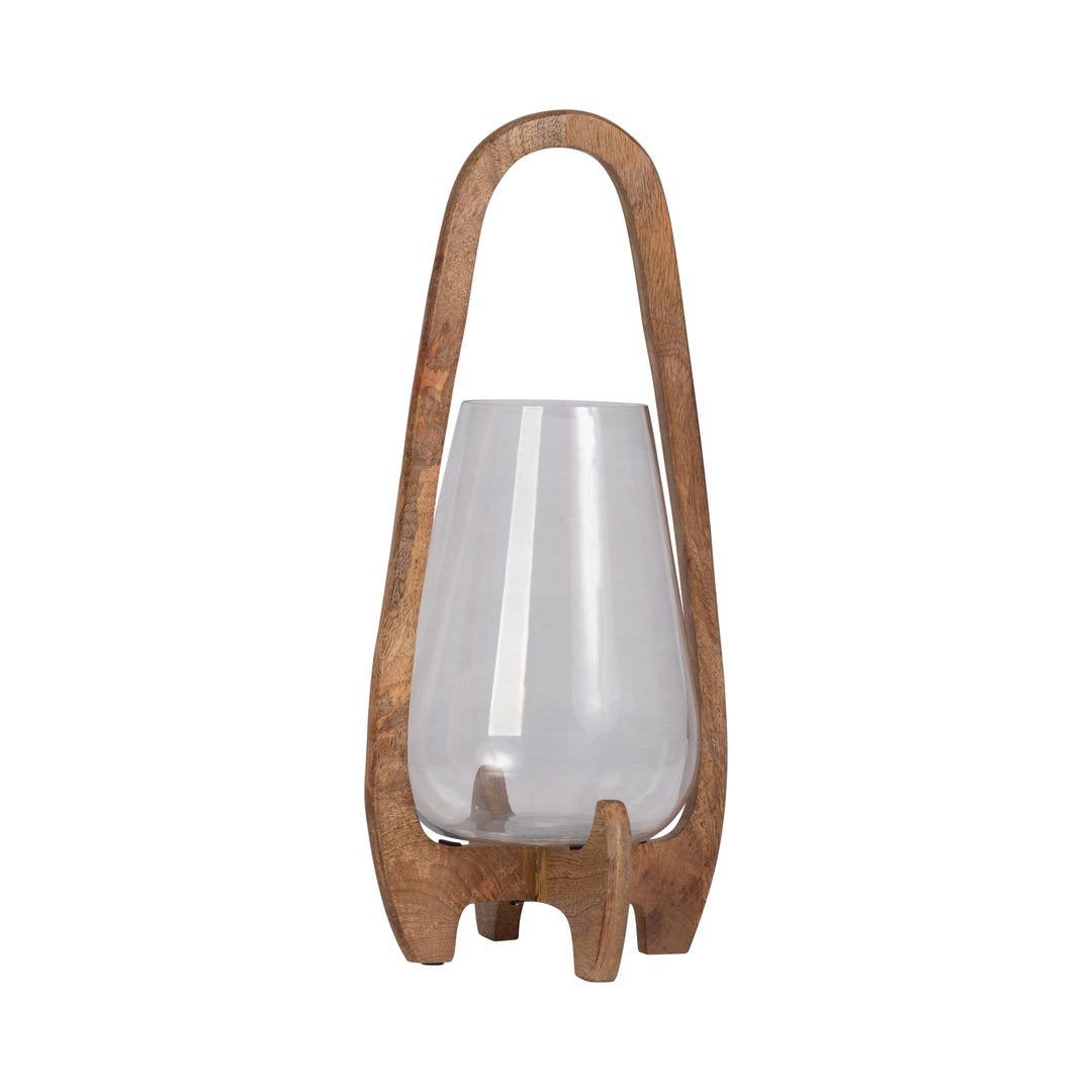 18"H GLASS LANTERN W/ WOOD HANDLE, NATURAL