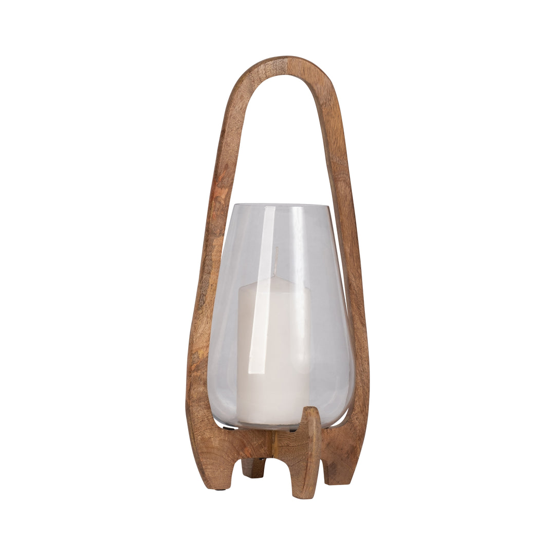 18"H GLASS LANTERN W/ WOOD HANDLE, NATURAL