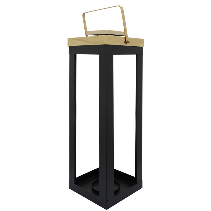 23"H METAL LANTERN W/ GOLD HANDLES, BLACK