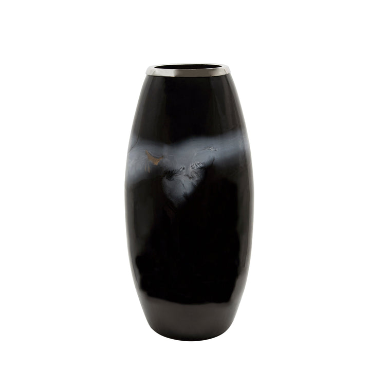 18"H GLASS VASE W/ METAL RING, BLACK