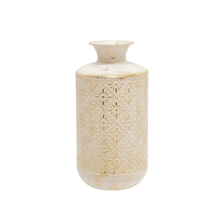 METAL  13" DECO TRIBAL JAR, ANTIQUE WHITE