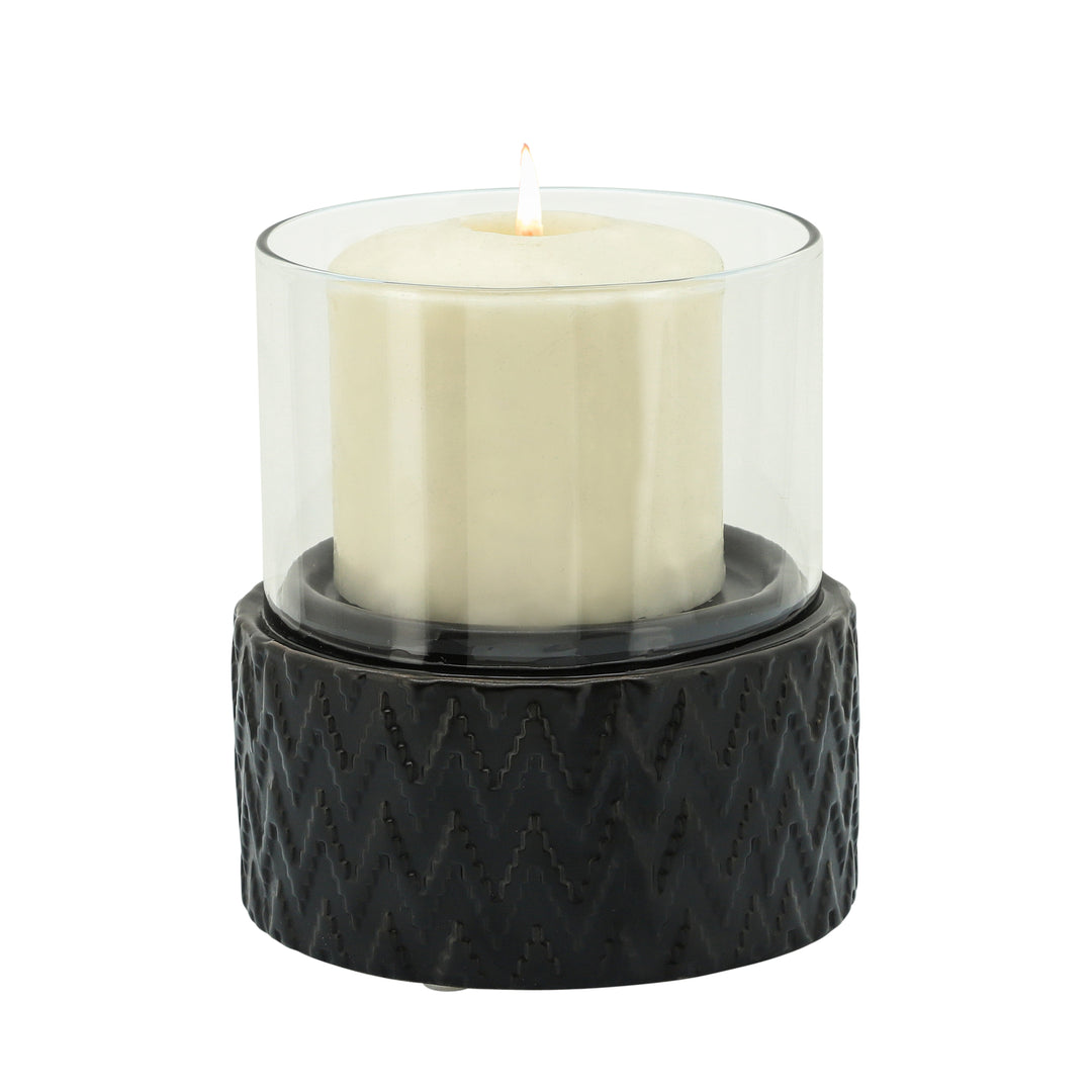 BLACK CERAMIC /GLASS 8" PILLAR HOLDER, CHEVRON