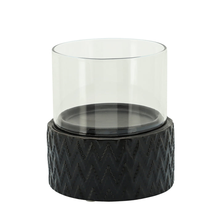 BLACK CERAMIC /GLASS 8" PILLAR HOLDER, CHEVRON