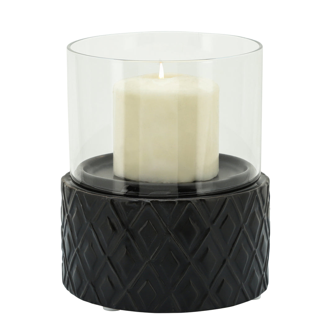 BLACK CERAMIC /GLASS 10" PILLAR HOLDER, DIAMOND