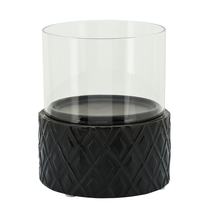 BLACK CERAMIC /GLASS 10" PILLAR HOLDER, DIAMOND