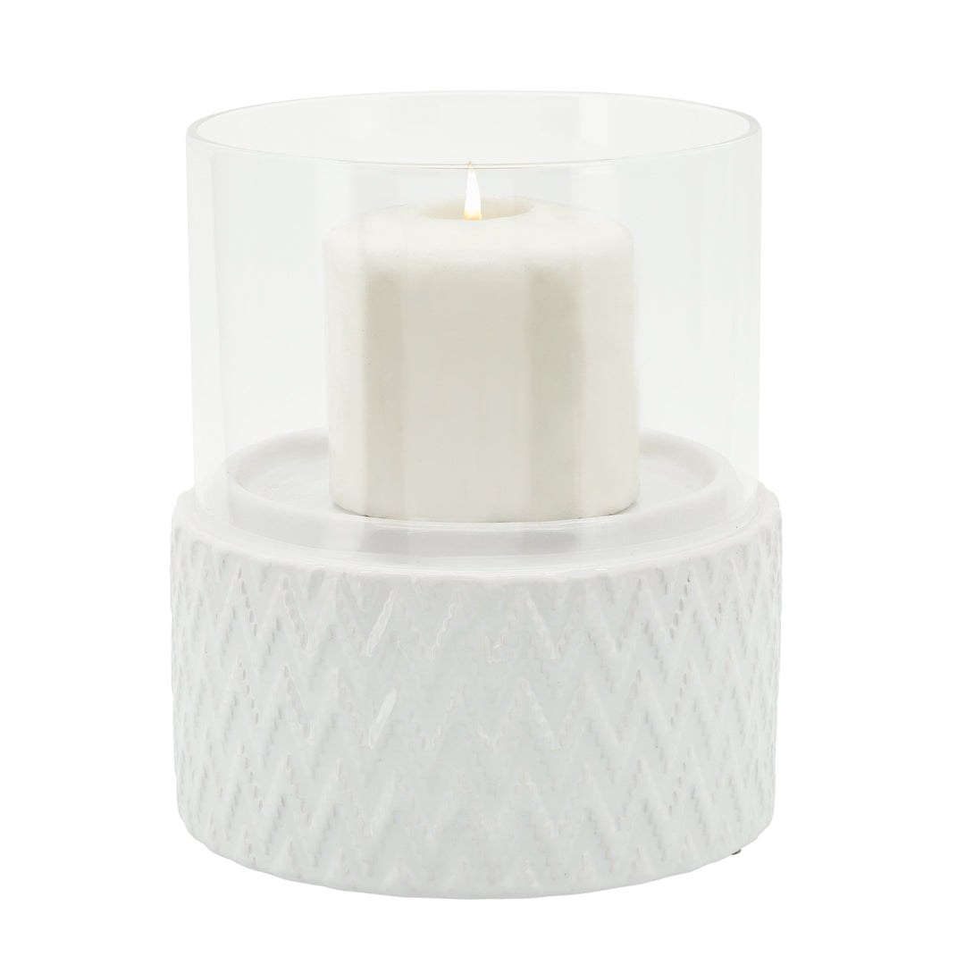 WHITE CERAMIC /GLASS 6" PILLAR HOLDER, CHEVRON