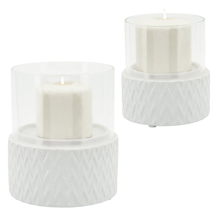 WHITE CERAMIC /GLASS 6" PILLAR HOLDER, CHEVRON