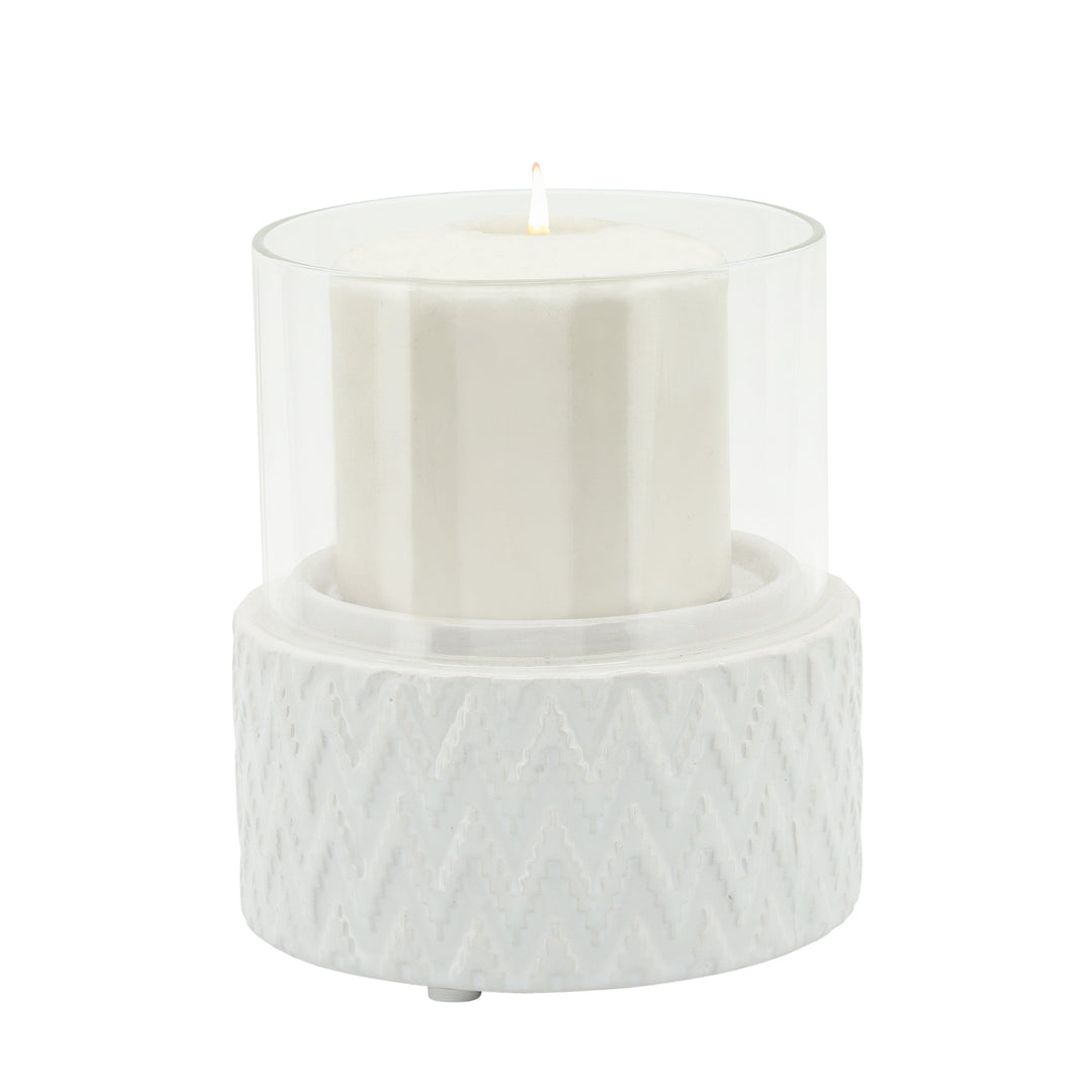 WHITE CERAMIC /GLASS 5" PILLAR HOLDER, CHEVRON