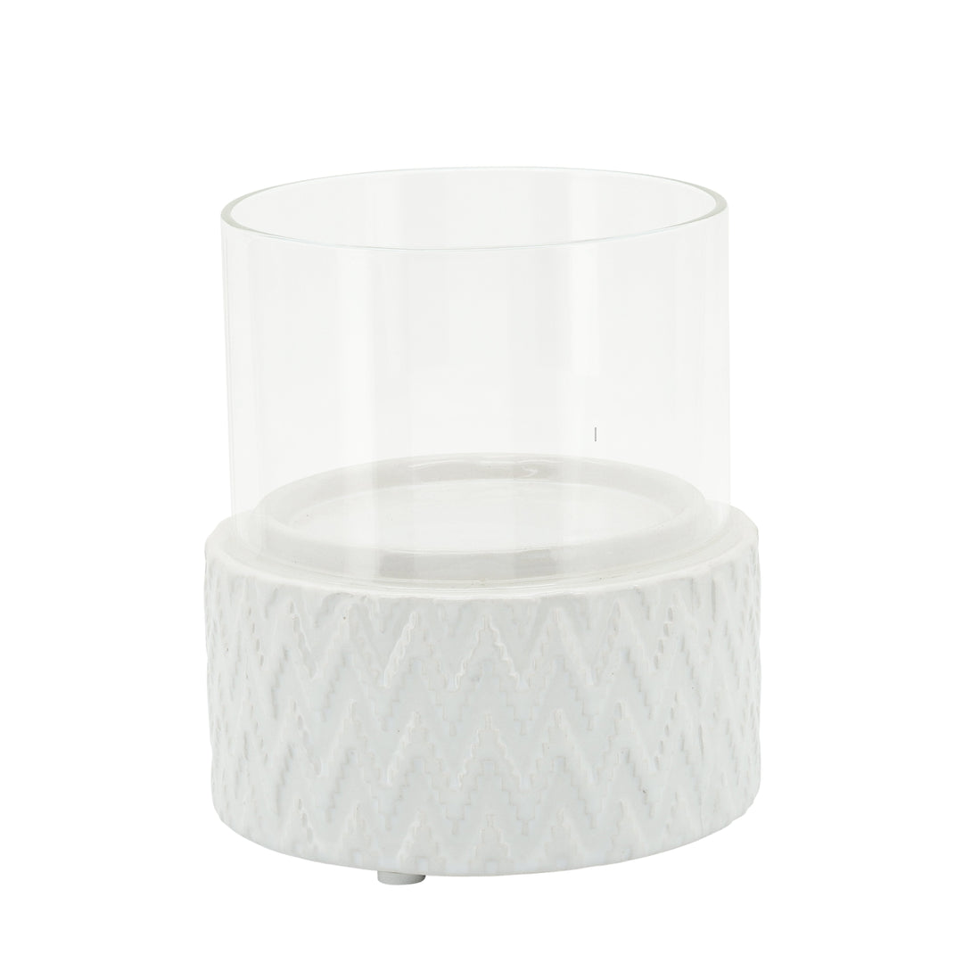 WHITE CERAMIC /GLASS 5" PILLAR HOLDER, CHEVRON