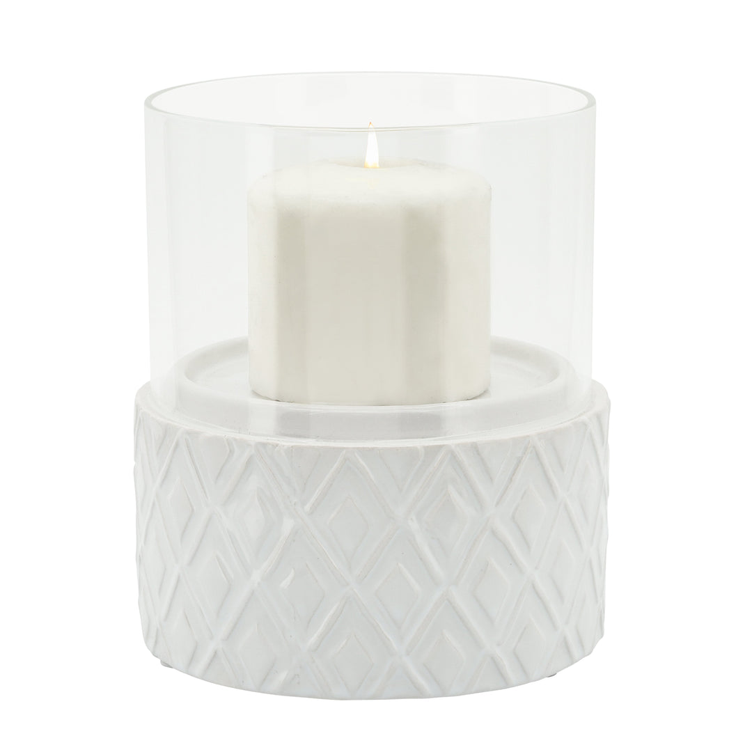 WHITE CERAMIC /GLASS 6" PILLAR HOLDER, DIAMOND