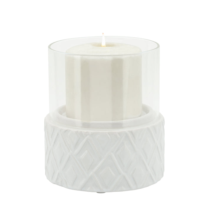 WHITE CERAMIC /GLASS 5" PILLAR HOLDER, DIAMOND