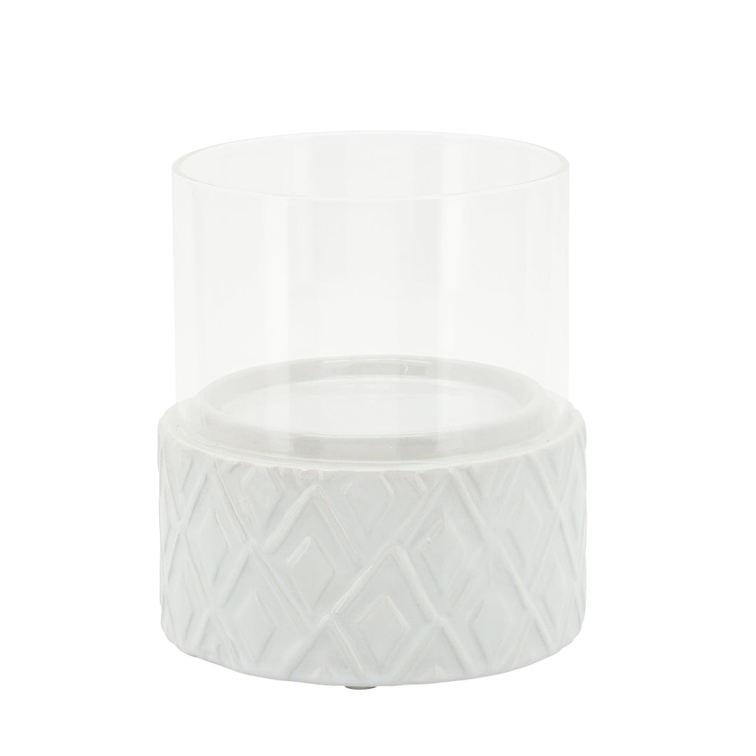 WHITE CERAMIC /GLASS 5" PILLAR HOLDER, DIAMOND