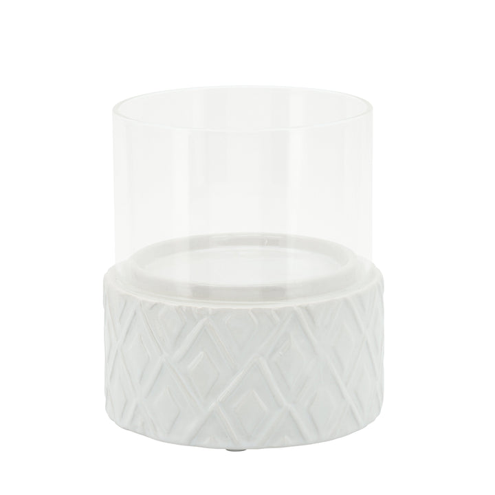 WHITE CERAMIC /GLASS 5" PILLAR HOLDER, DIAMOND