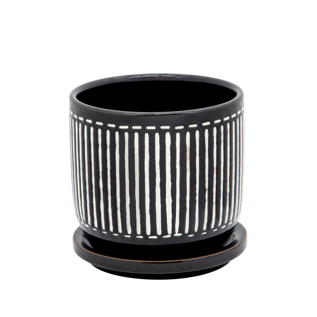 5" VERTICAL LINES PLANTER W/ SAUCER, BLACK