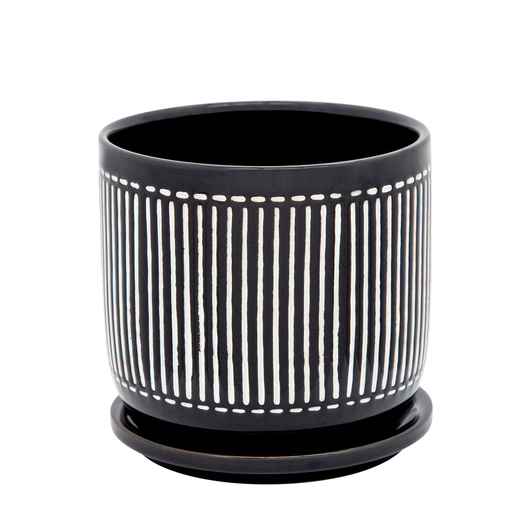 6" VERTICAL LINES PLANTER W/ SAUCER, BLACK