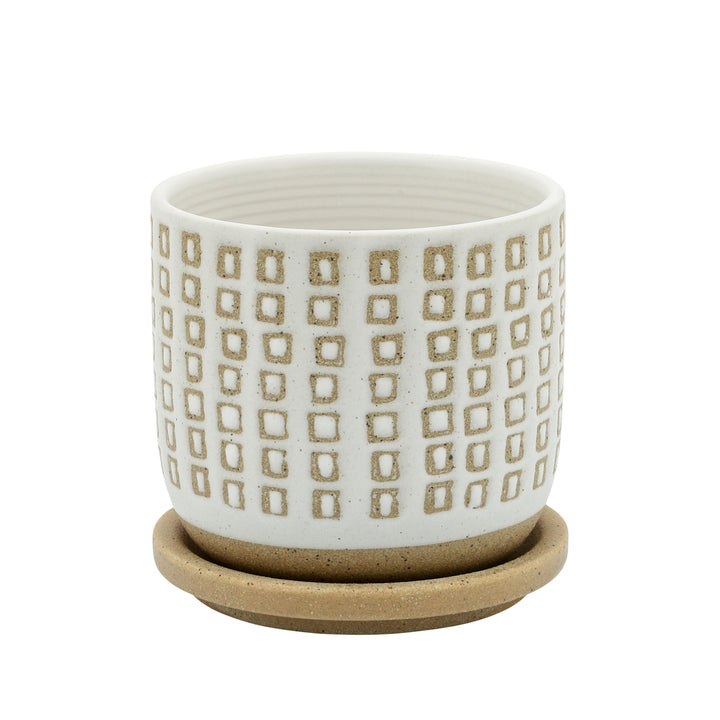 5" TINY SQUARES PLANTER W/ SAUCER, BEIGE