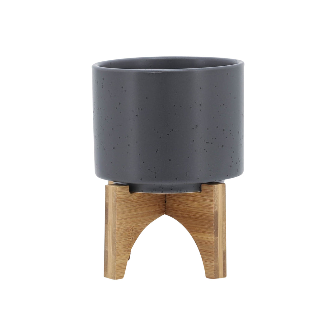 5" PLANTER W/ WOOD STAND, MATTE GRAY