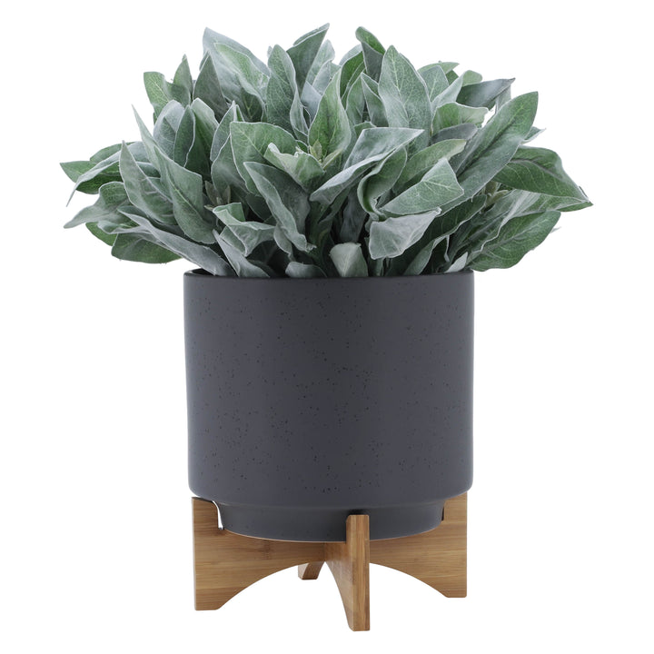 10" PLANTER W/ WOOD STAND, MATTE GRAY