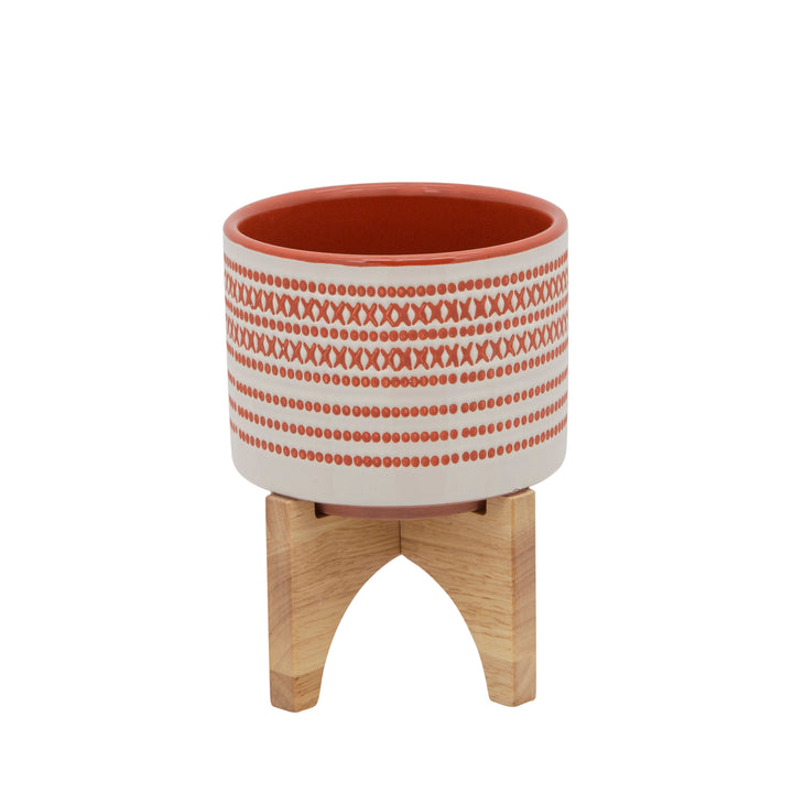 5" AZTEC PLANTER W/ WOOD STAND, ORANGE