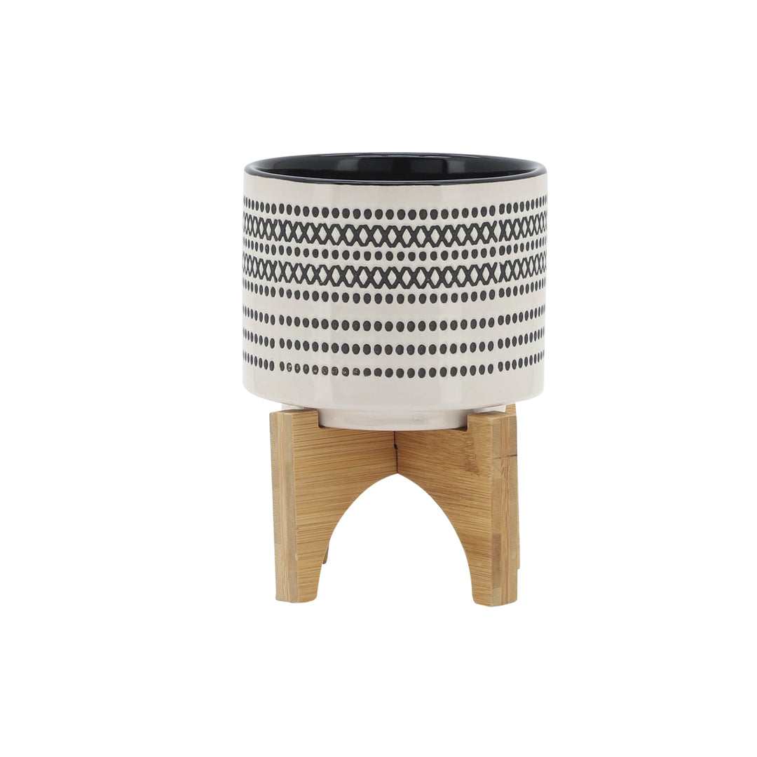 5" AZTEC PLANTER W/ WOOD STAND, GRAY