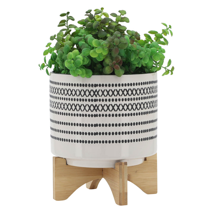 8" AZTEC PLANTER W/ WOOD STAND, GRAY