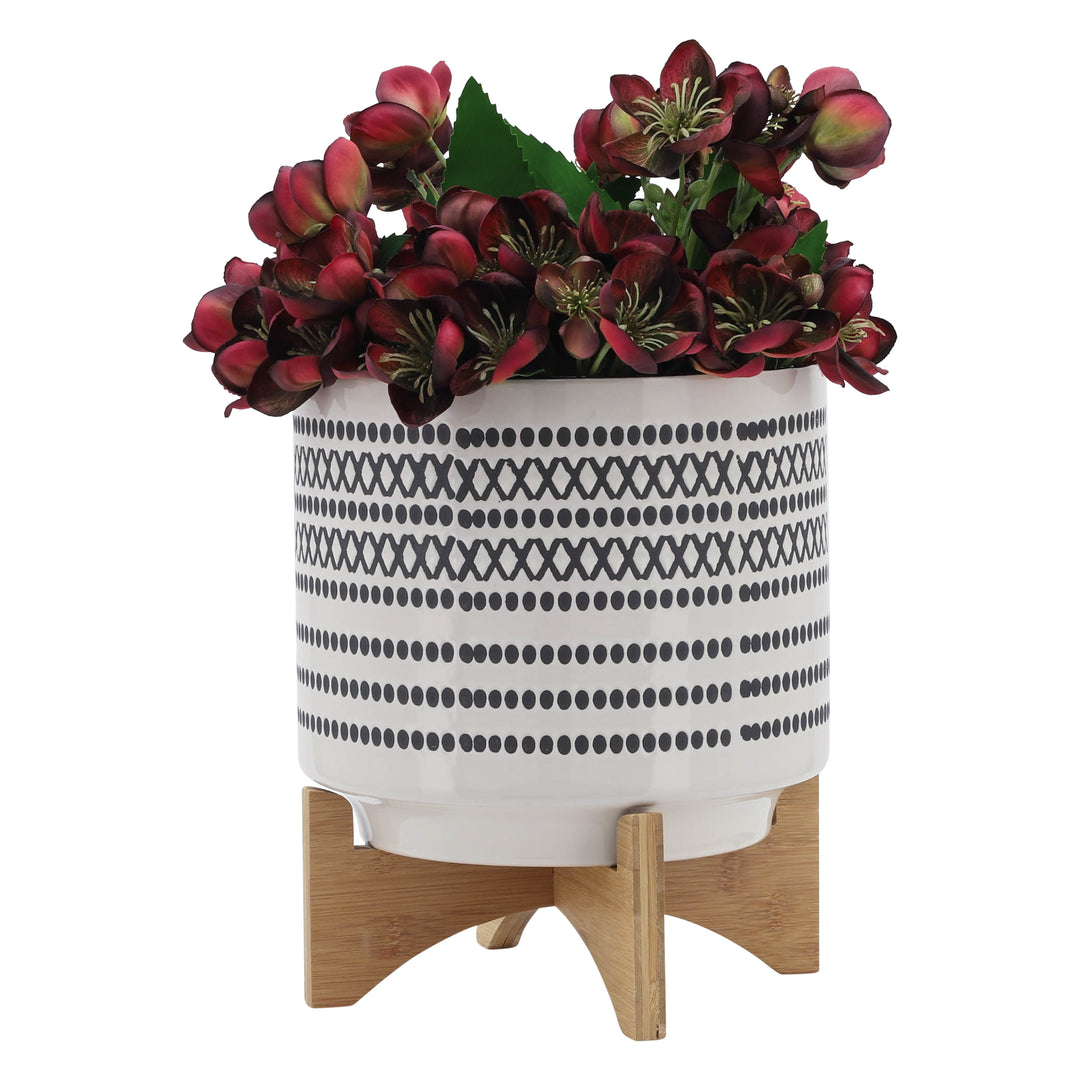 10" AZTEC PLANTER W/ WOOD STAND, GRAY