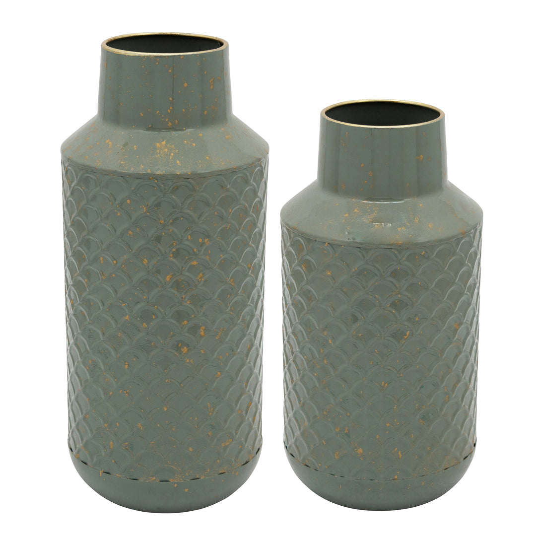 METAL 14"H TEXTURED VASE, GREEN