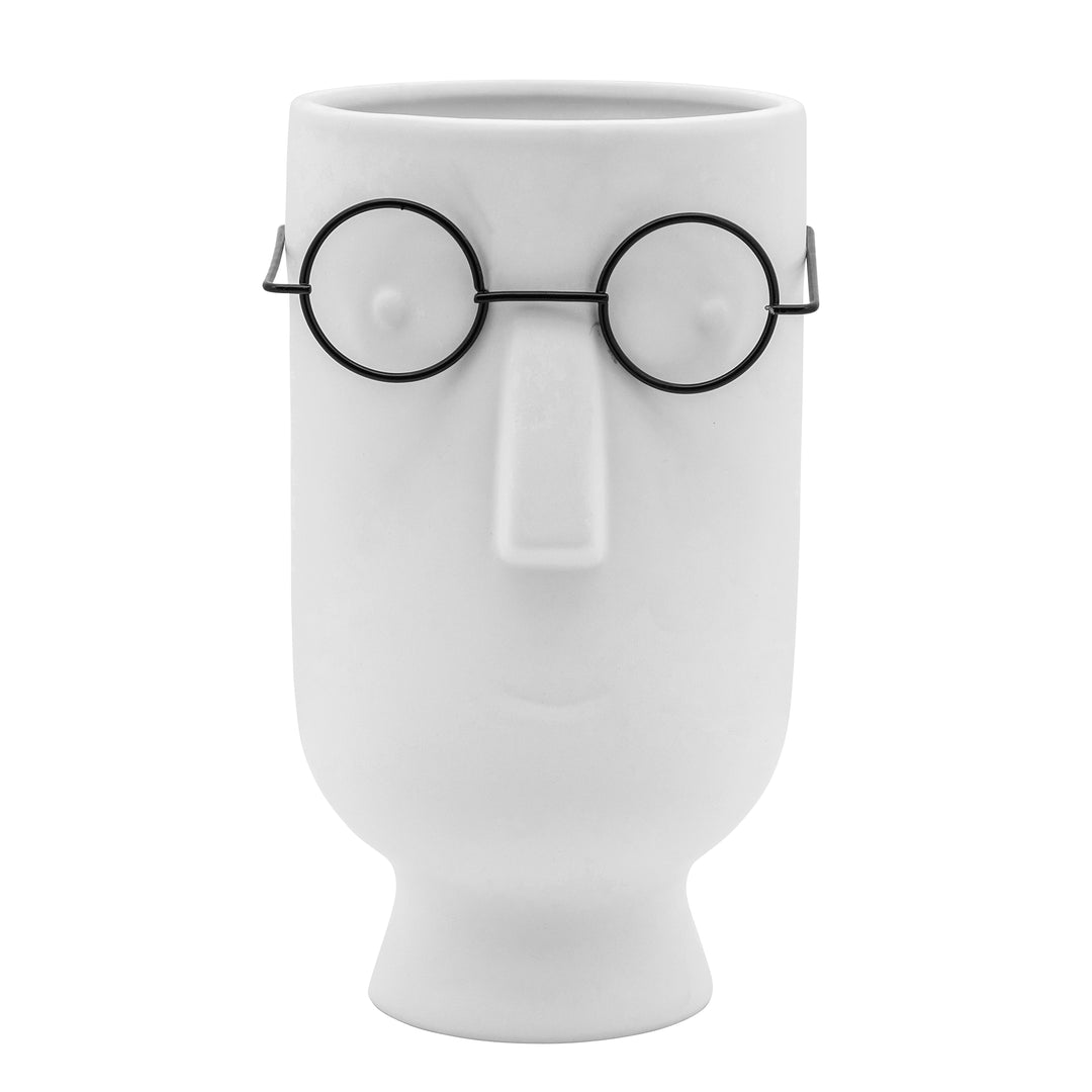 9"H FACE W/GLASSES PLANTER, WHITE