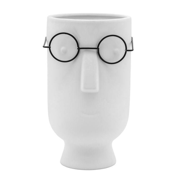 9"H FACE W/GLASSES PLANTER, WHITE