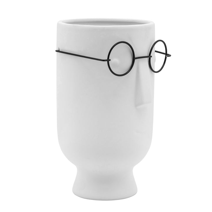 9"H FACE W/GLASSES PLANTER, WHITE