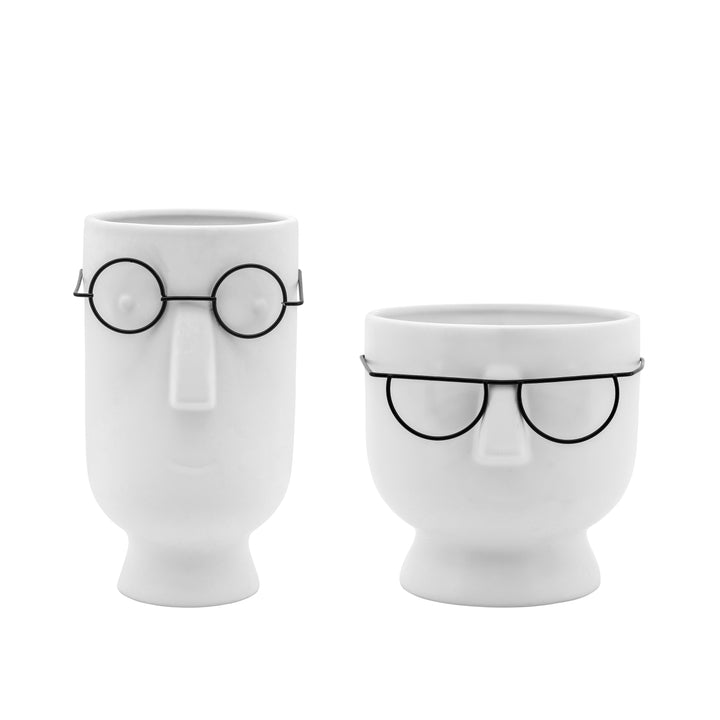 9"H FACE W/GLASSES PLANTER, WHITE