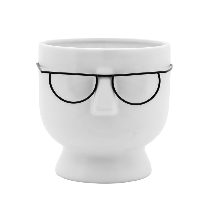 6"H FACE W/GLASSES PLANTER, WHITE