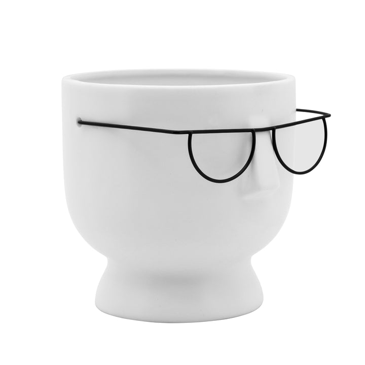 6"H FACE W/GLASSES PLANTER, WHITE