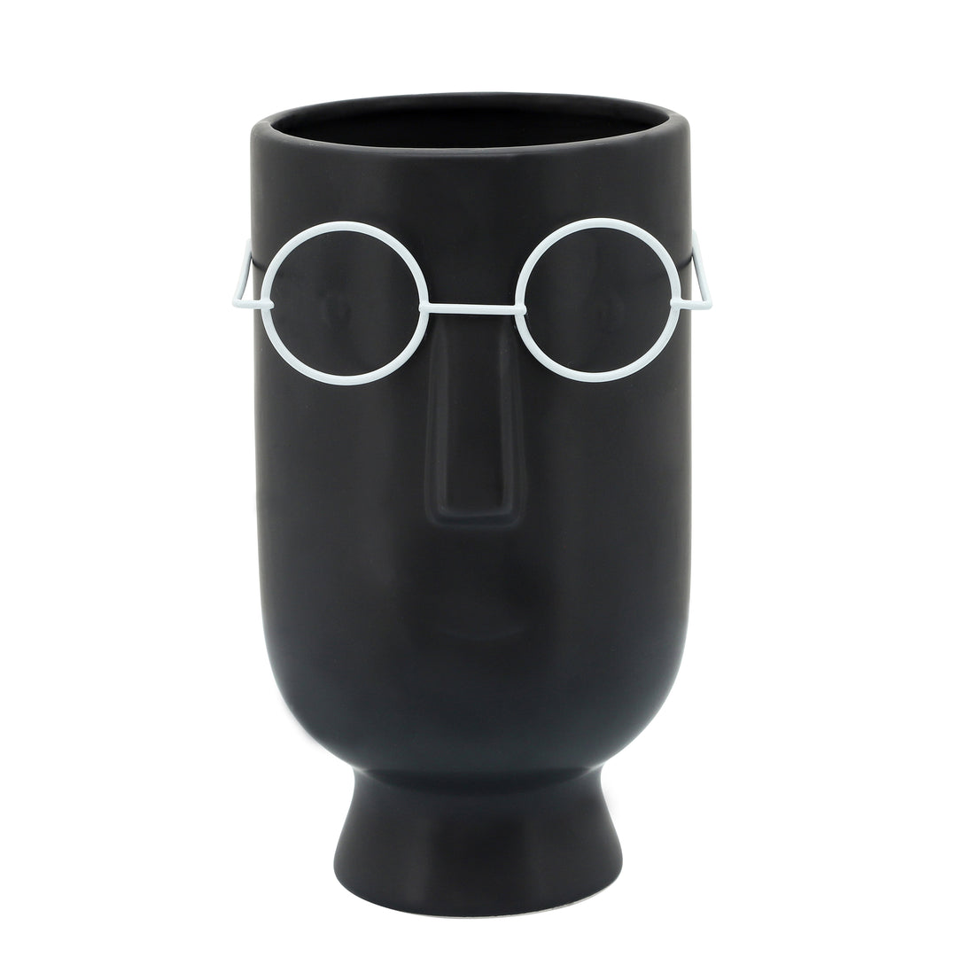 9"H FACE W/GLASSES PLANTER, BLACK