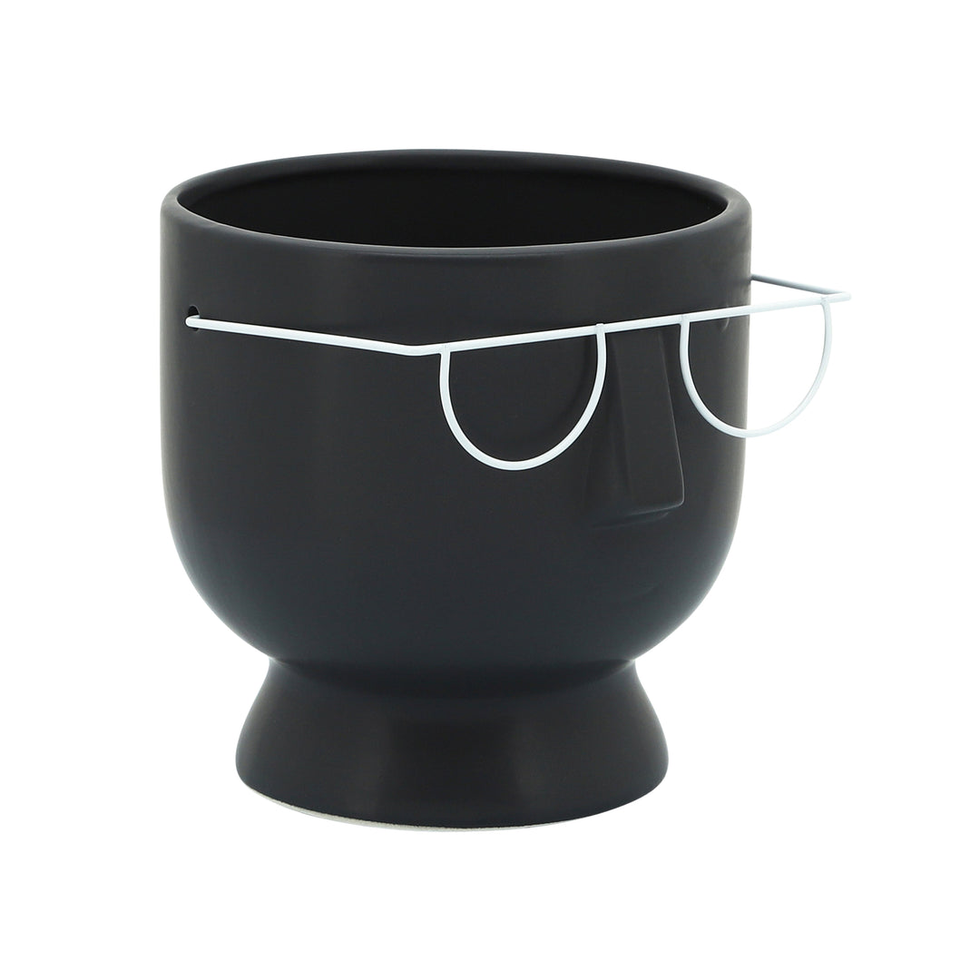 6"H FACE W/GLASSES PLANTER, BLACK