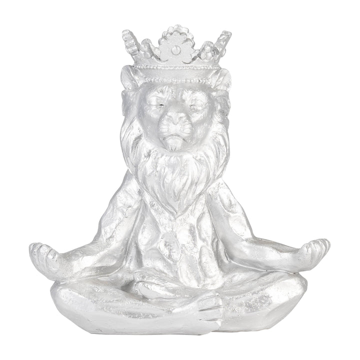 RESIN 7" YOGA LION W/ CROWN, SILVER