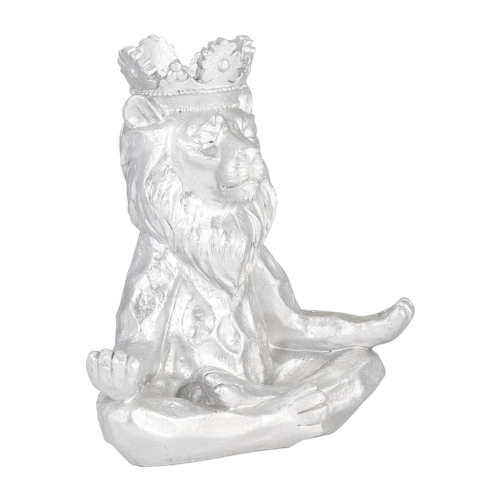 RESIN 7" YOGA LION W/ CROWN, SILVER