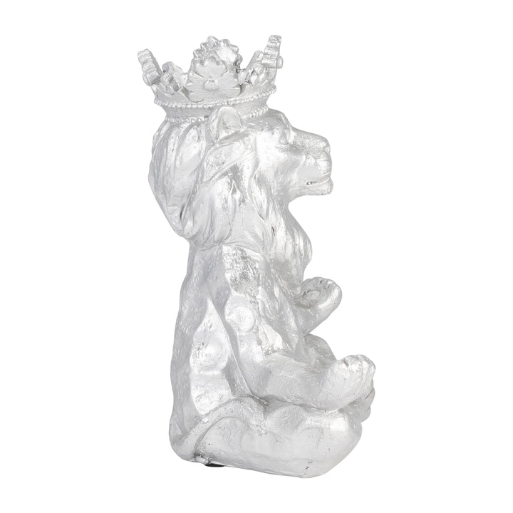 RESIN 7" YOGA LION W/ CROWN, SILVER