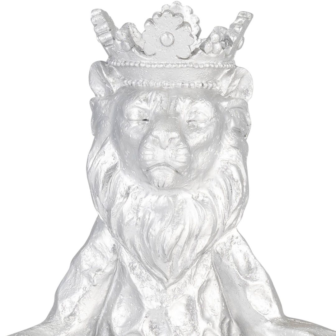 RESIN 7" YOGA LION W/ CROWN, SILVER