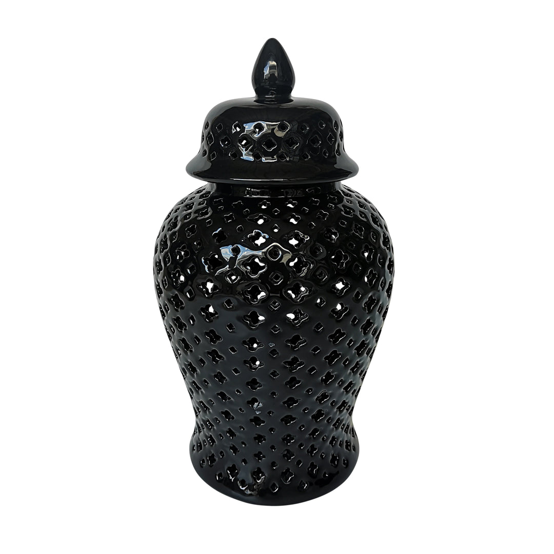 17" CUT-OUT CLOVER TEMPLE JAR, BLACK