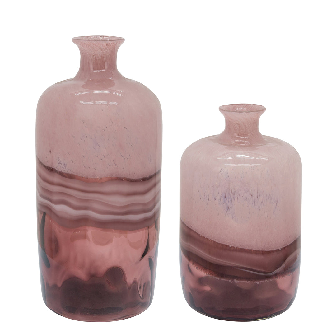 GLASS, 16"H HAND BLOWN VASE, PINK