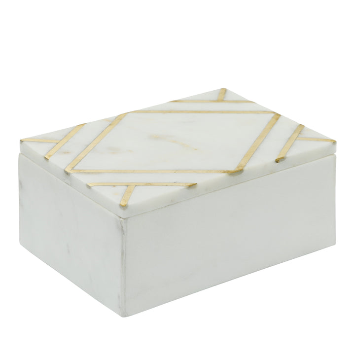Marble 7X5 Rectangular Box W/Gold Inlays,Wht