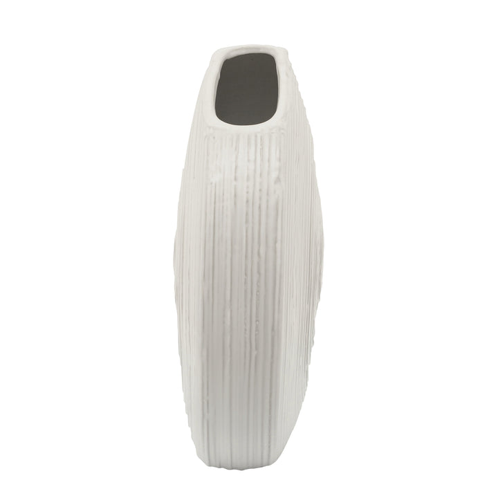 14"H OVAL SWIRLED VASE, WHITE