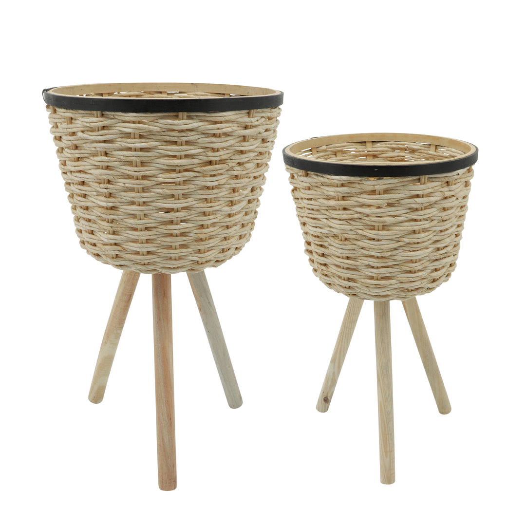 S/2 WICKER FOOTED PLANTERS, WHITE