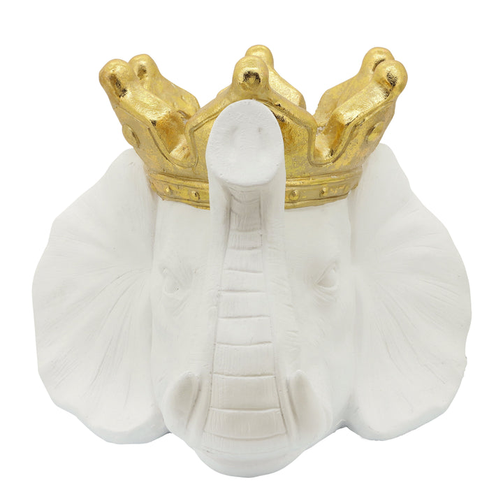 RESIN 16" ELEPHANT W/ CROWN, WHITE