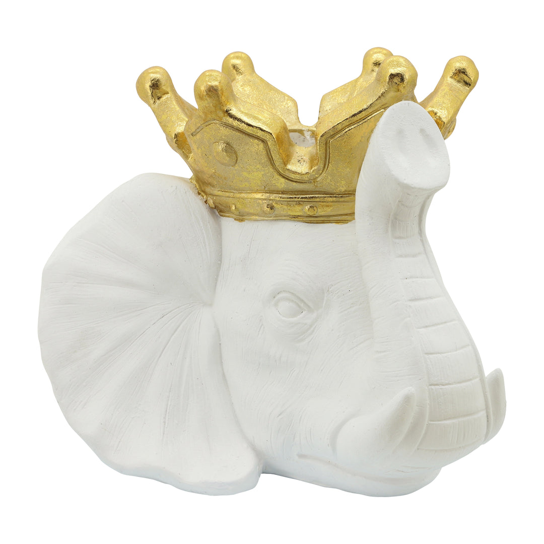 RESIN 16" ELEPHANT W/ CROWN, WHITE