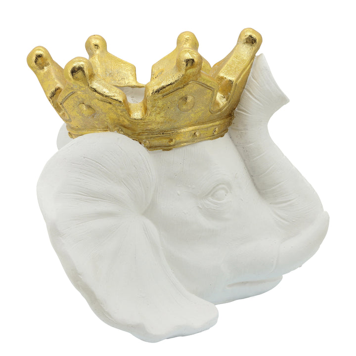 RESIN 16" ELEPHANT W/ CROWN, WHITE