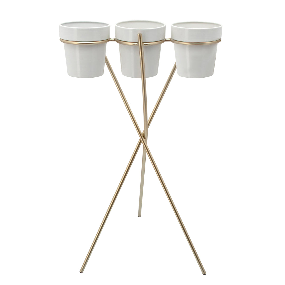 3-CUP METAL PLANTER ON GOLD STAND, WHITE