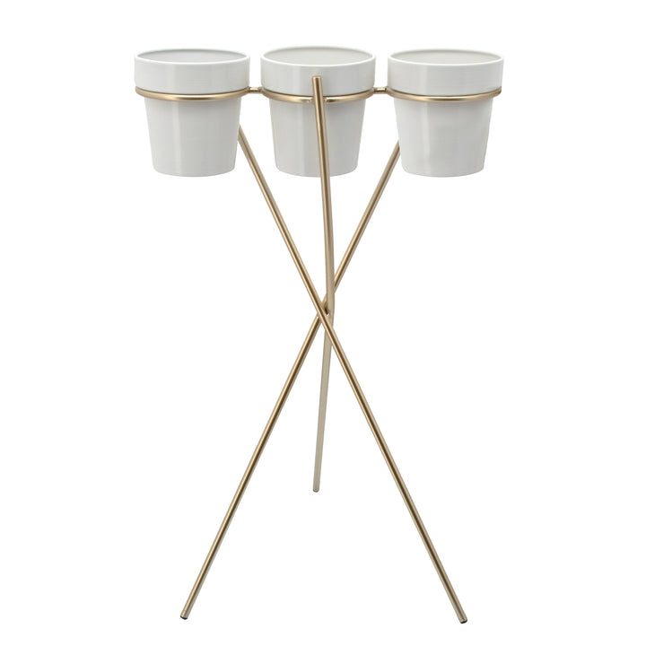 3-CUP METAL PLANTER ON GOLD STAND, WHITE