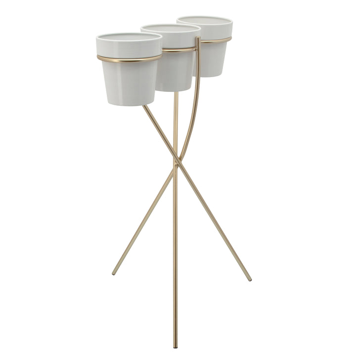 3-CUP METAL PLANTER ON GOLD STAND, WHITE